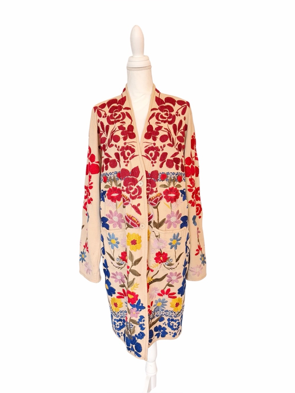 Johnny Was BIYA Embroidered Cardigan Coat Boho Floral Jacket Beige Multicolor XL - Picture 2 of 14